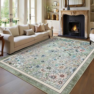 Modern Floral Pattern Area Rug, Low Pile Non-Slip Indoor Carpet