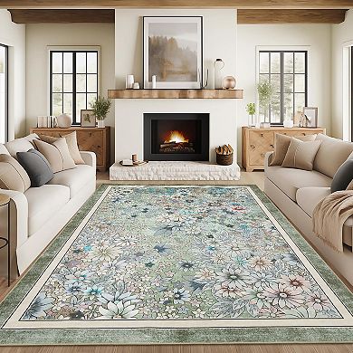 Modern Floral Pattern Area Rug, Low Pile Non-Slip Indoor Carpet