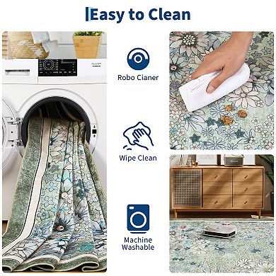 Modern Floral Pattern Area Rug, Low Pile Non-Slip Indoor Carpet