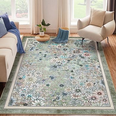 Modern Floral Pattern Area Rug, Low Pile Non-Slip Indoor Carpet
