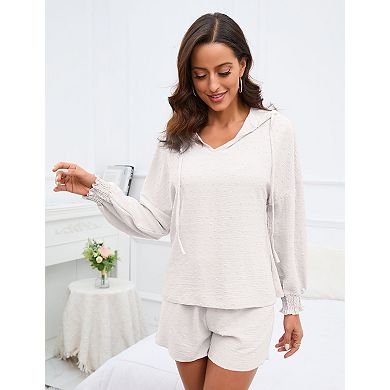 Women's Flower V-Neck Cut Hooded Set Long Sleeve Top and Shorts