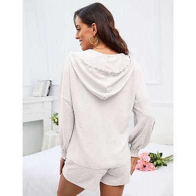 Women's Flower V-Neck Cut Hooded Set Long Sleeve Top and Shorts