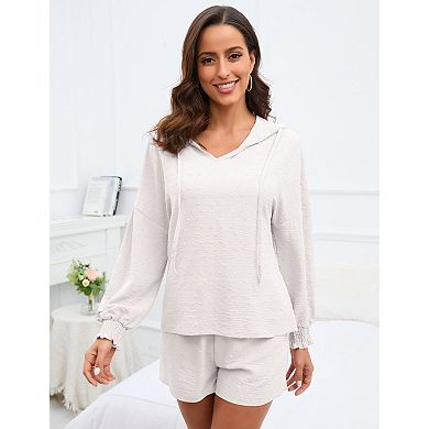 Women's Flower V-Neck Cut Hooded Set Long Sleeve Top and Shorts