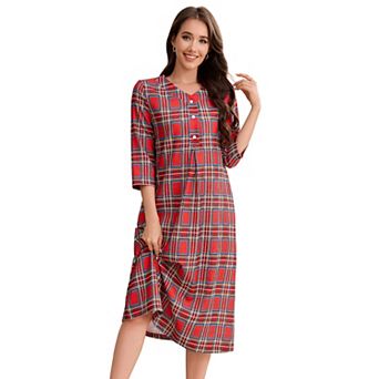 Women Nightgown V Neck Button Sleepwear with Pockets Casual 3/4 Sleeves Night Dress