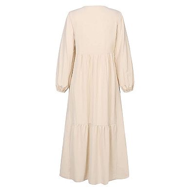 Women's Maxi Dresses V Neck Long Sleeve Casual Boho Flowy Beach Dress with Pockets