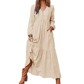 Women's Maxi Dresses V Neck Long Sleeve Casual Boho Flowy Beach Dress with Pockets