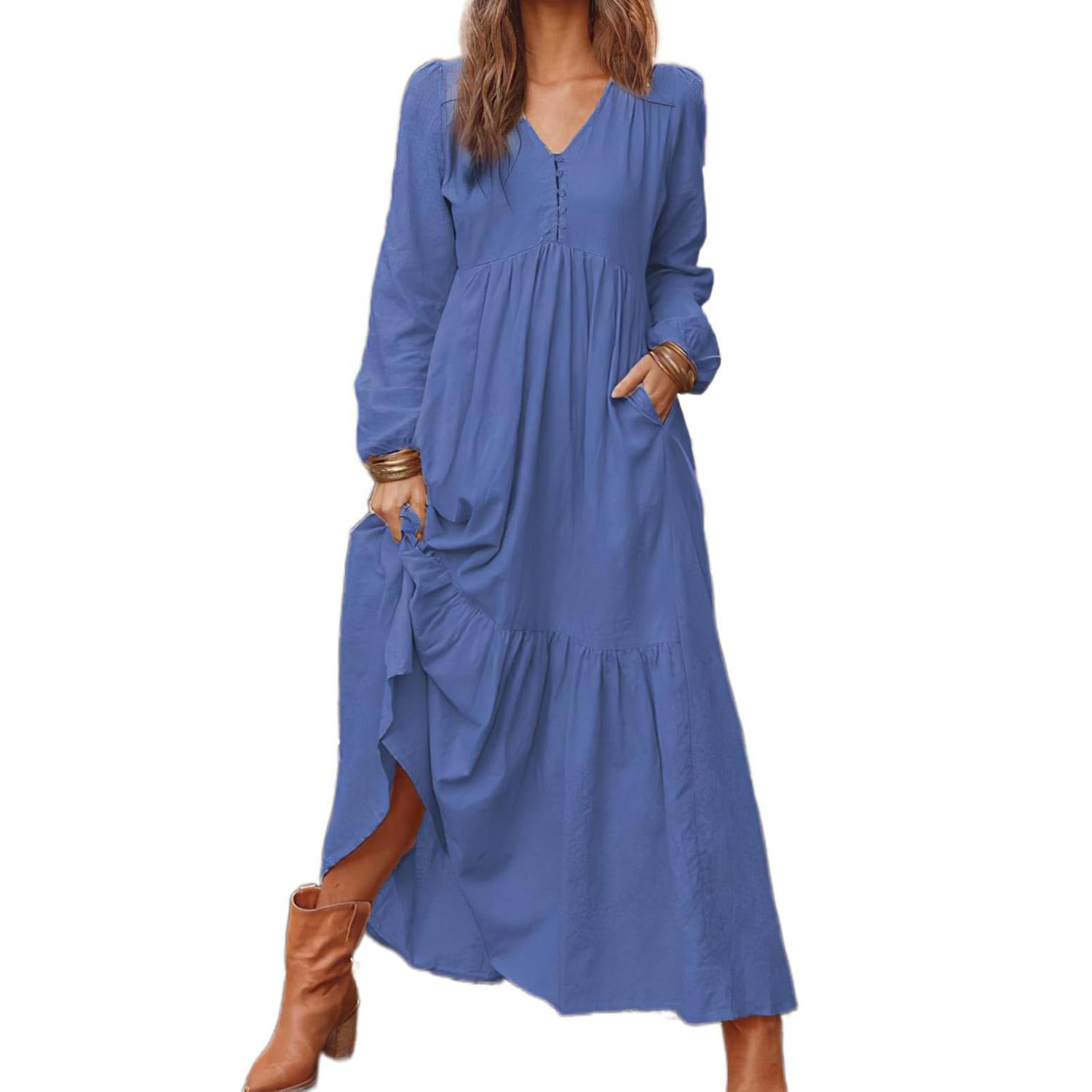 Женские платья Maxi Dresses V Neck Long Sleeve Casual Boho Flowy Beach Dress with Pockets