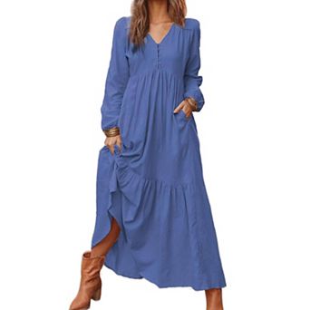 Women's Maxi Dresses V Neck Long Sleeve Casual Boho Flowy Beach Dress with Pockets
