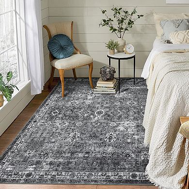 Vintage Boho Floral Pattern Area Rug Low-Pile Non-Slip Carpet for Living Room Bedroom