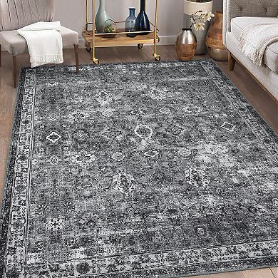 Vintage Boho Floral Pattern Area Rug Low-Pile Non-Slip Carpet for Living Room Bedroom
