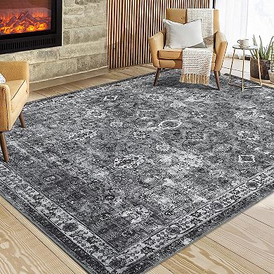Vintage Boho Floral Pattern Area Rug Low-Pile Non-Slip Carpet for Living Room Bedroom