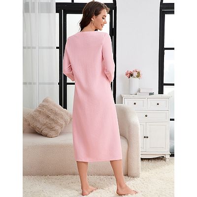 Women Nightgown V Neck Button Sleepwear with Pockets Casual 3/4 Sleeves  Night Dress
