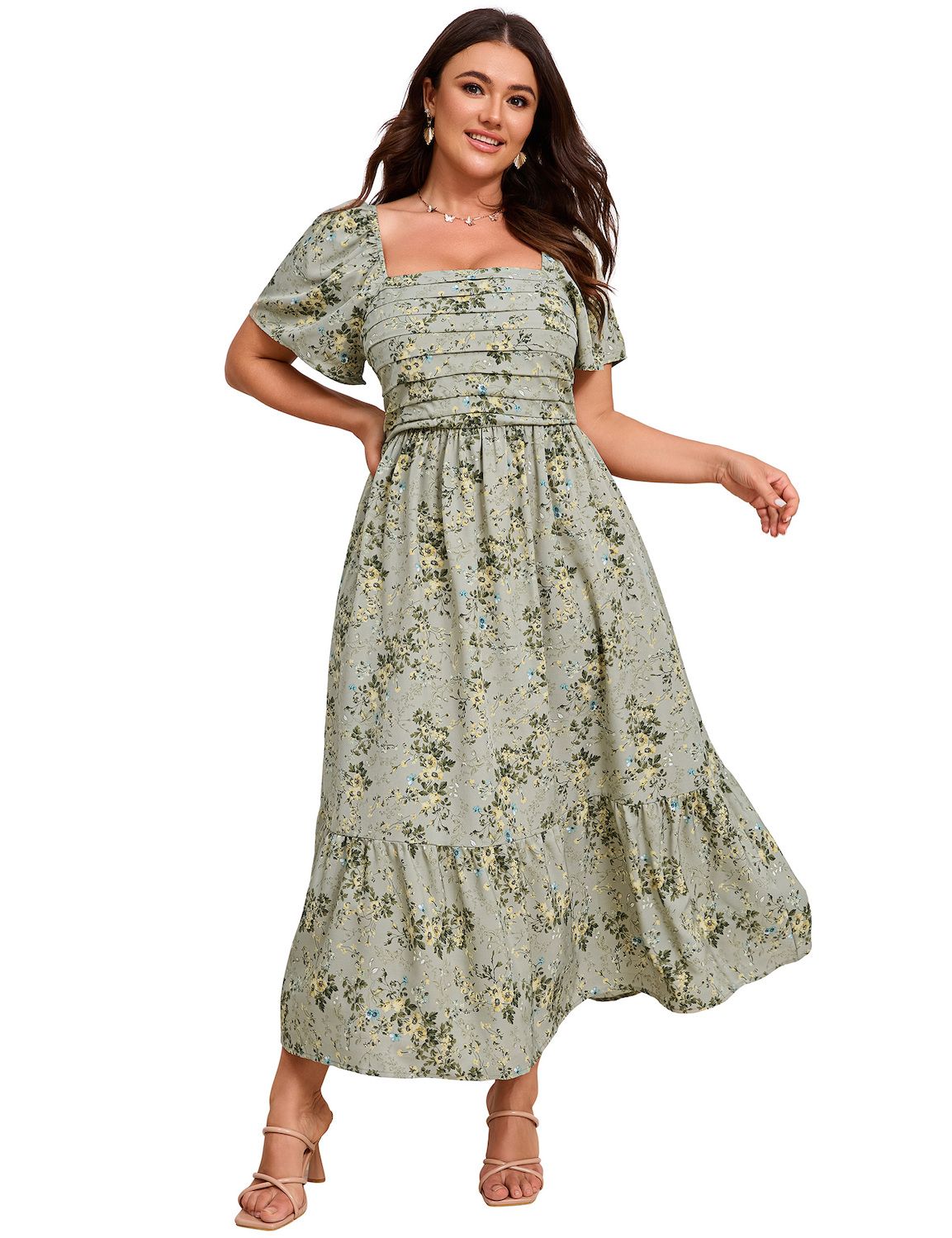 Женские платья Women Plus Size Dresses Square Neck Short Sleeves Summer Floral Smocked Maxi Dress