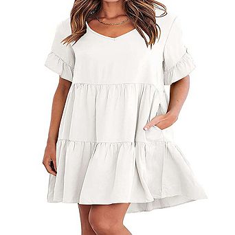 Women's Summer Casual Dress Dressy Smocked Elastic Waist Tiered A-Line Dress Round Neck Midi Dress