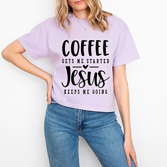 Coffee Gets Me Started - Women's Boxy Crop Top Graphic T-Shirt