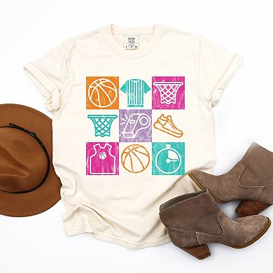 Basketball Checkered Icons - Women's Garment Dyed Graphic T-Shirt