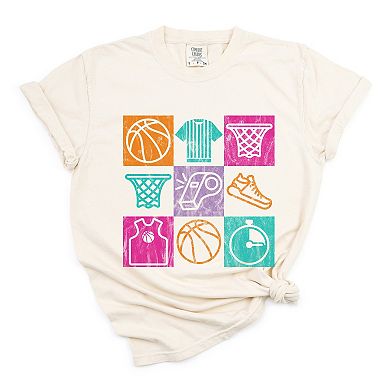 Basketball Checkered Icons - Women's Garment Dyed Graphic T-Shirt