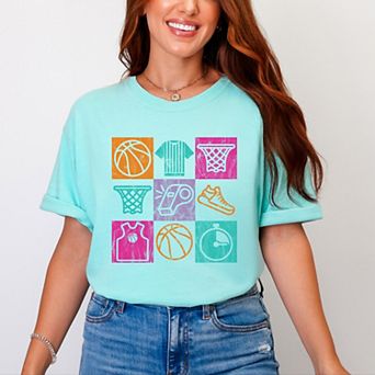 Basketball Checkered Icons - Women's Garment Dyed Graphic T-Shirt