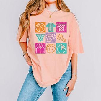 Basketball Checkered Icons - Women's Garment Dyed Graphic T-Shirt