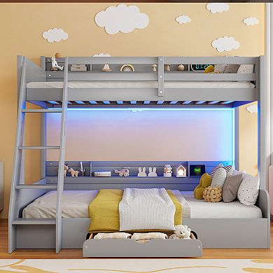 Merax Twin over Full Bunk Bed with Storage Shelves, LED, Charging Station and a Drawer