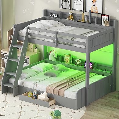 Merax Twin over Full Bunk Bed with Storage Shelves, LED, Charging Station and a Drawer