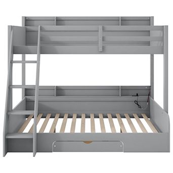 Merax Twin over Full Bunk Bed with Storage Shelves, LED, Charging Station and a Drawer