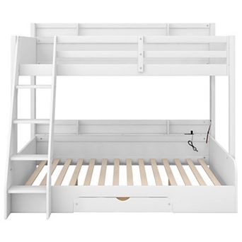 Merax Twin over Full Bunk Bed with Storage Shelves, LED, Charging Station and a Drawer