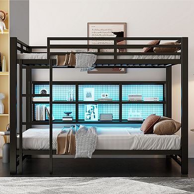 Merax Metal Queen over Queen Bunk Bed with Storage Cabinets and LED