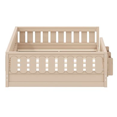 Merax Wood Platform Bed with Guardrail and Storage Shelves