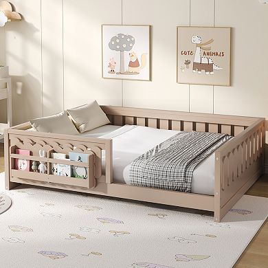 Merax Wood Platform Bed with Guardrail and Storage Shelves