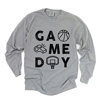 Basketball Game Day Block Distressed - Women's Garment Dyed Long Sleeve Graphic T-Shirt