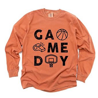 Basketball Game Day Block Distressed - Women's Garment Dyed Long Sleeve Graphic T-Shirt