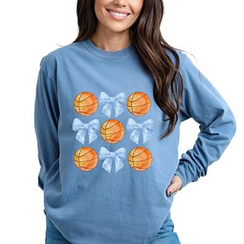 Basketball and Blue Bows Watercolor - Women's Garment Dyed Long Sleeve Graphic T-Shirt
