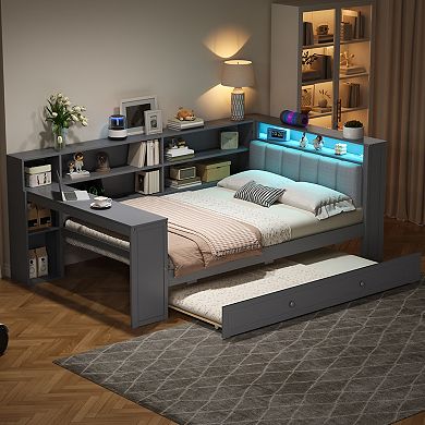 Merax Wood Twin Size Platform Bed with Storage Shelves, Trundle, Charging Station, LED, Desk