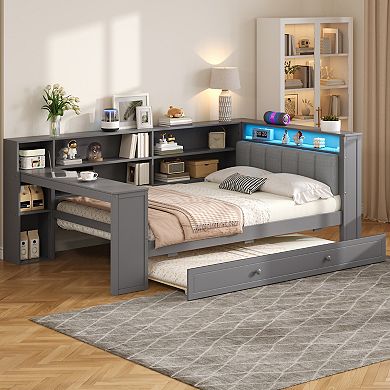 Merax Wood Twin Size Platform Bed with Storage Shelves, Trundle, Charging Station, LED, Desk