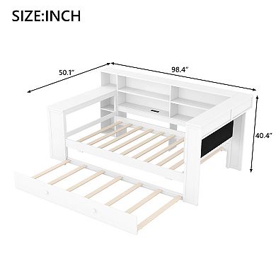 Merax Wood Twin Size Platform Bed with Storage Shelves, Trundle, Charging Station, LED, Desk