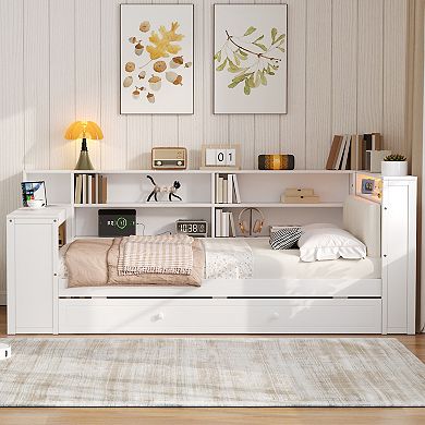 Merax Wood Twin Size Platform Bed with Storage Shelves, Trundle, Charging Station, LED, Desk
