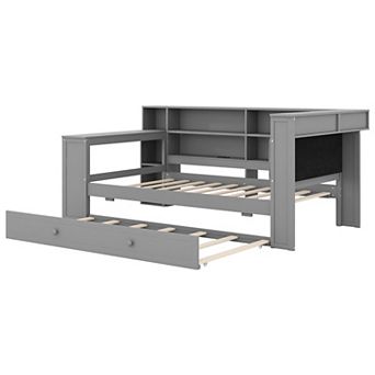 Merax Wood Twin Size Platform Bed with Storage Shelves, Trundle, Charging Station, LED, Desk