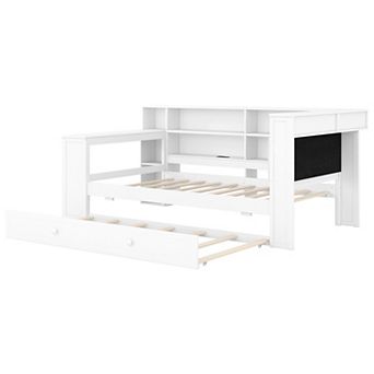 Merax Wood Twin Size Platform Bed with Storage Shelves, Trundle, Charging Station, LED, Desk