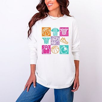 Basketball Checkered Icons - Women's Garment Dyed Long Sleeve Graphic T-Shirt
