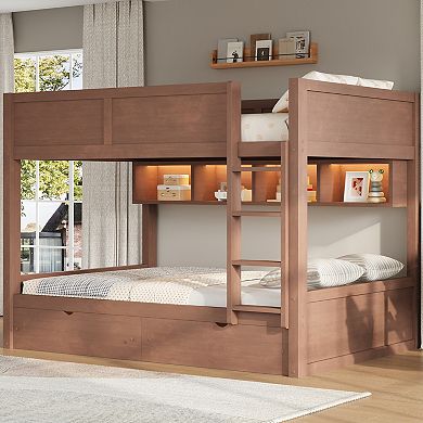 Merax Full XL over Full XL Bunk Bed with Storage Cabinets, LED Light and 2 Drawers
