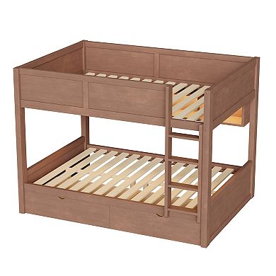 Merax Full XL over Full XL Bunk Bed with Storage Cabinets, LED Light and 2 Drawers