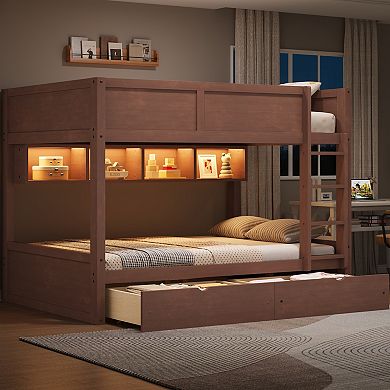 Merax Full XL over Full XL Bunk Bed with Storage Cabinets, LED Light and 2 Drawers