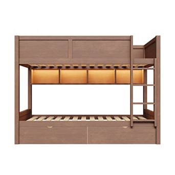 Merax Full XL over Full XL Bunk Bed with Storage Cabinets, LED Light and 2 Drawers