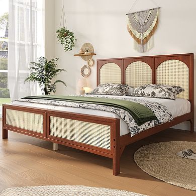 Merax Wood Platform Bed with Rattan Headboard and Footboard