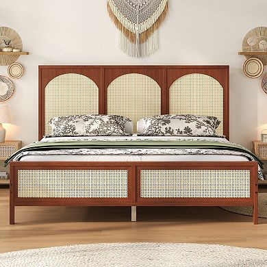 Merax Wood Platform Bed with Rattan Headboard and Footboard