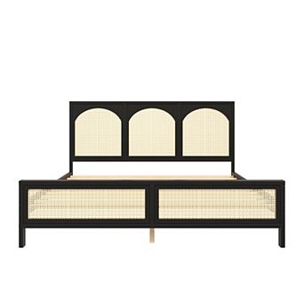 Merax Wood Platform Bed with Rattan Headboard and Footboard