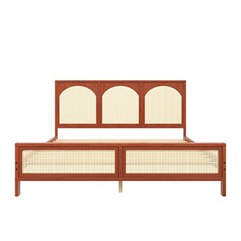 Merax Wood Platform Bed with Rattan Headboard and Footboard
