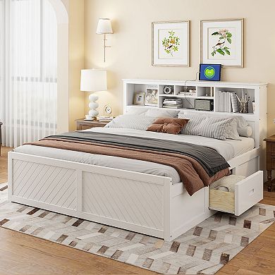 Merax King Size Wood Platform Bed with Multi-storage Headboard, USB and Drawers