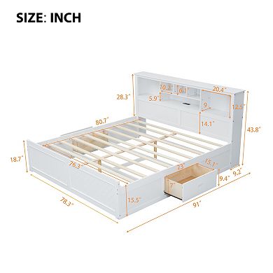 Merax King Size Wood Platform Bed with Multi-storage Headboard, USB and Drawers